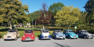 six 2cv stationnées en ligne devant un parc